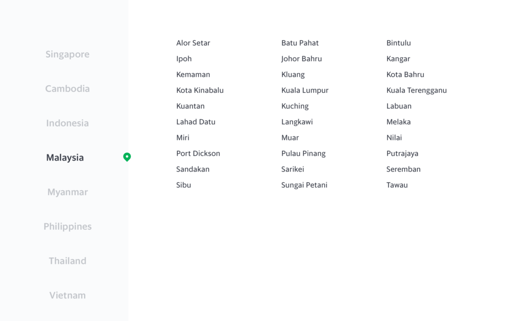 Grab Superapp operating countries and cities showing all cities in Malaysia.