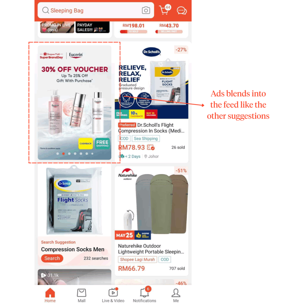 An ad on Shopee's homepage for 'Eucerin SuperBrandDay' appearing as a vertical card that blends naturally with the surrounding product recommendations like 'Dr. Scholl's Flight Socks' and 'Naturehike Sleeping Bag.'