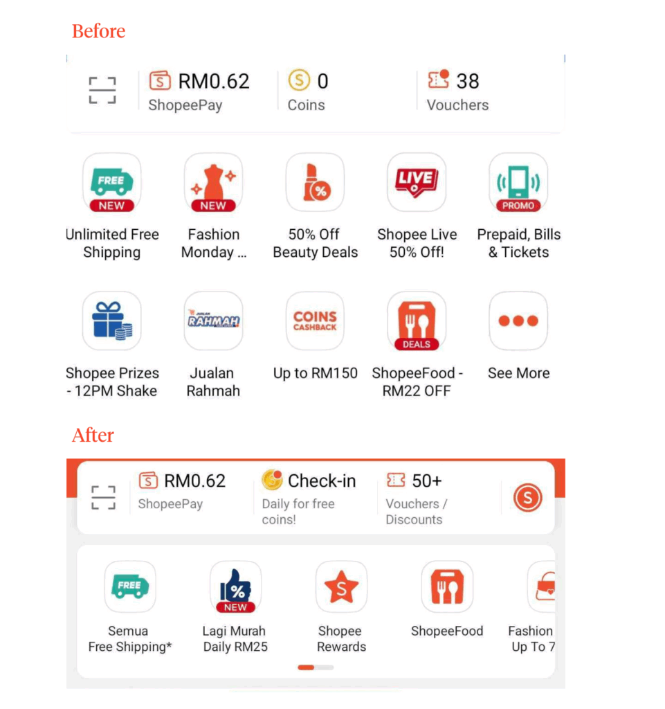 Side-by-side screenshots illustrating Shopee's updated user interface. The 'Before' image (top) shows the older design with two full rows of 9 category icons. The 'After' image (bottom) demonstrates the 2025 redesign, replacing the multiple rows with a cleaner, scrollable carousel.