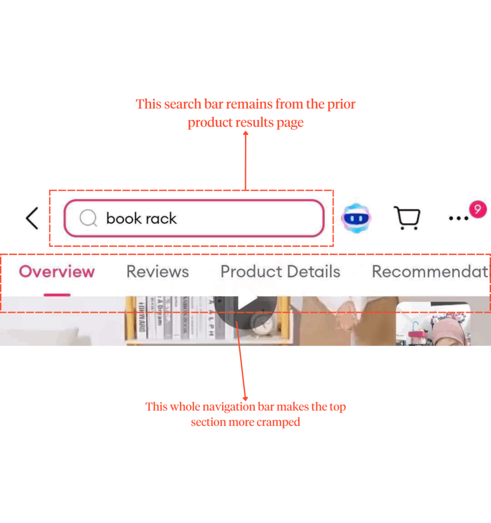 A screenshot of the top section of the product detail page. It is cramped with the search bar from the previous page and the navigation bar for the product's details like overview, reviews, recommendations etc.