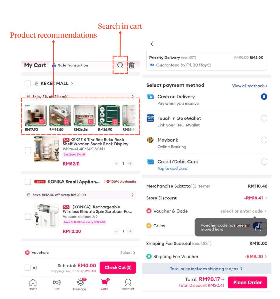 Lazada’s shopping cart and checkout interface, featuring a product recommendation carousel, a search function within the cart, and detailed order summary. The checkout screen displays payment method options alongside a clear breakdown of discounts, vouchers, and shipping fees.