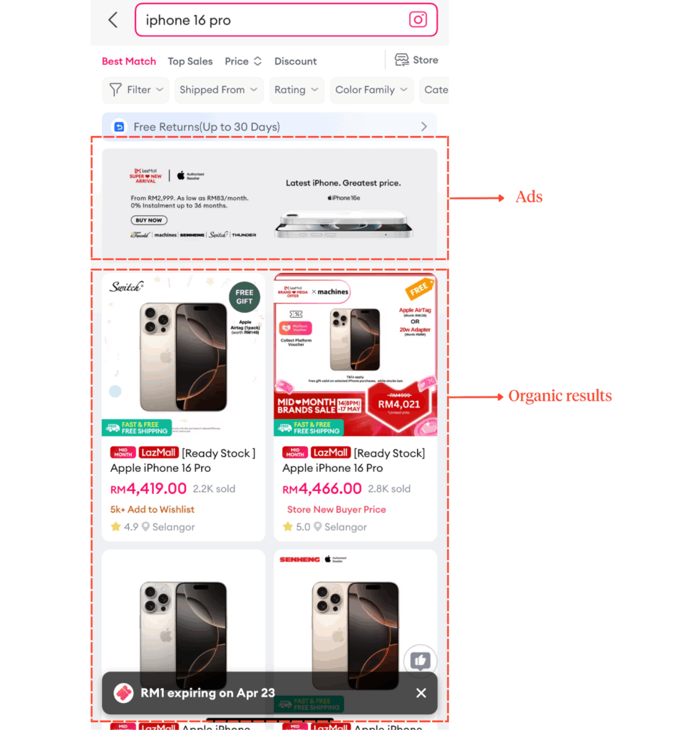 A screenshot of ads appearing before organic results on Lazada's product listing page. A large, in-grid advertisement for 'iPhone 11 Pro' is displayed within the product feed, blending visually with the surrounding product listings.