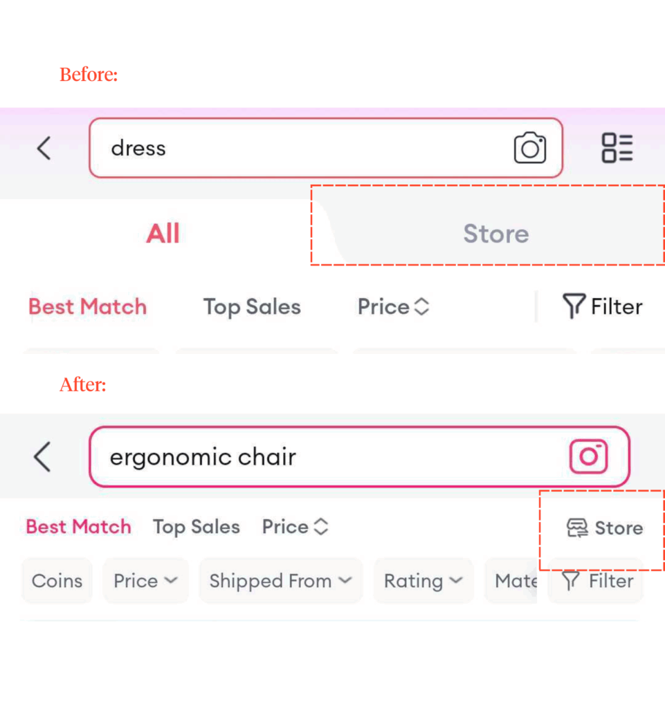 Before and after screenshots of a Lazada's product listing page. In the before panel, the "Store" tab was in the center of the page and stands out. But, in the after panel, the "Store" tab is a tiny icon at the right corner of the filters bar.