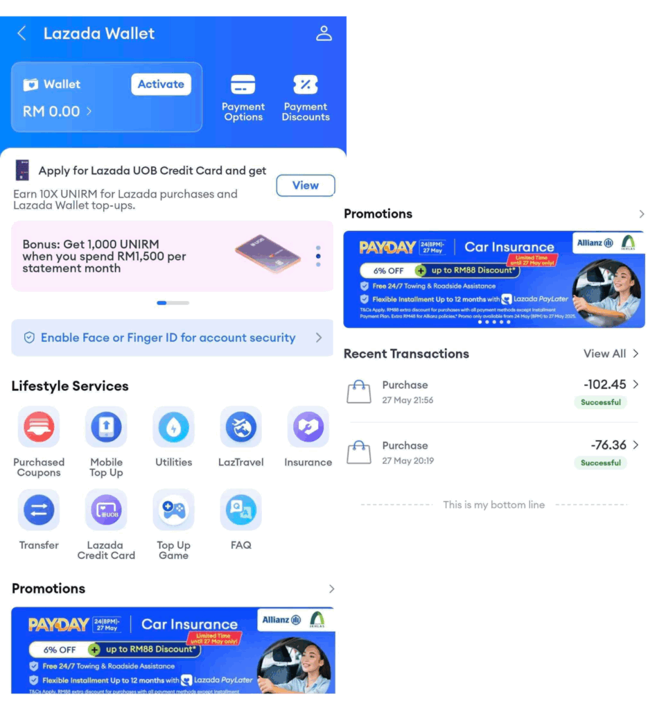 Two screenshots of the Lazada Wallet interface. The right panel displays the main wallet screen, which is dominated by promotional banners. The left panel shows where 'Recent Transactions' are located below said banners.