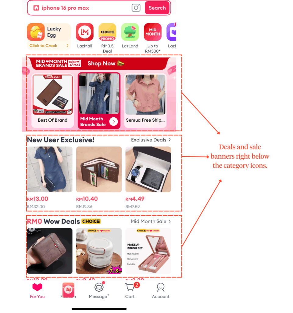 In the example, there are 3 separate deals and sale promotion banners displayed in horizontal cards right below the category shortcuts bar at the top.