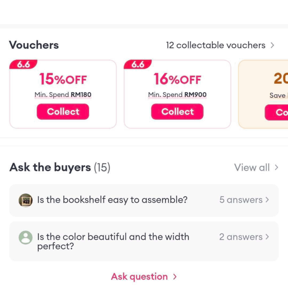 Two screenshots of Lazada's unique sections. The top screenshot is of the "Vouchers" sections which is bolded in Lazada's color palette. And the bottom screenshot is the "Ask the buyers" section when tapped reveals Q&A by other buyers.