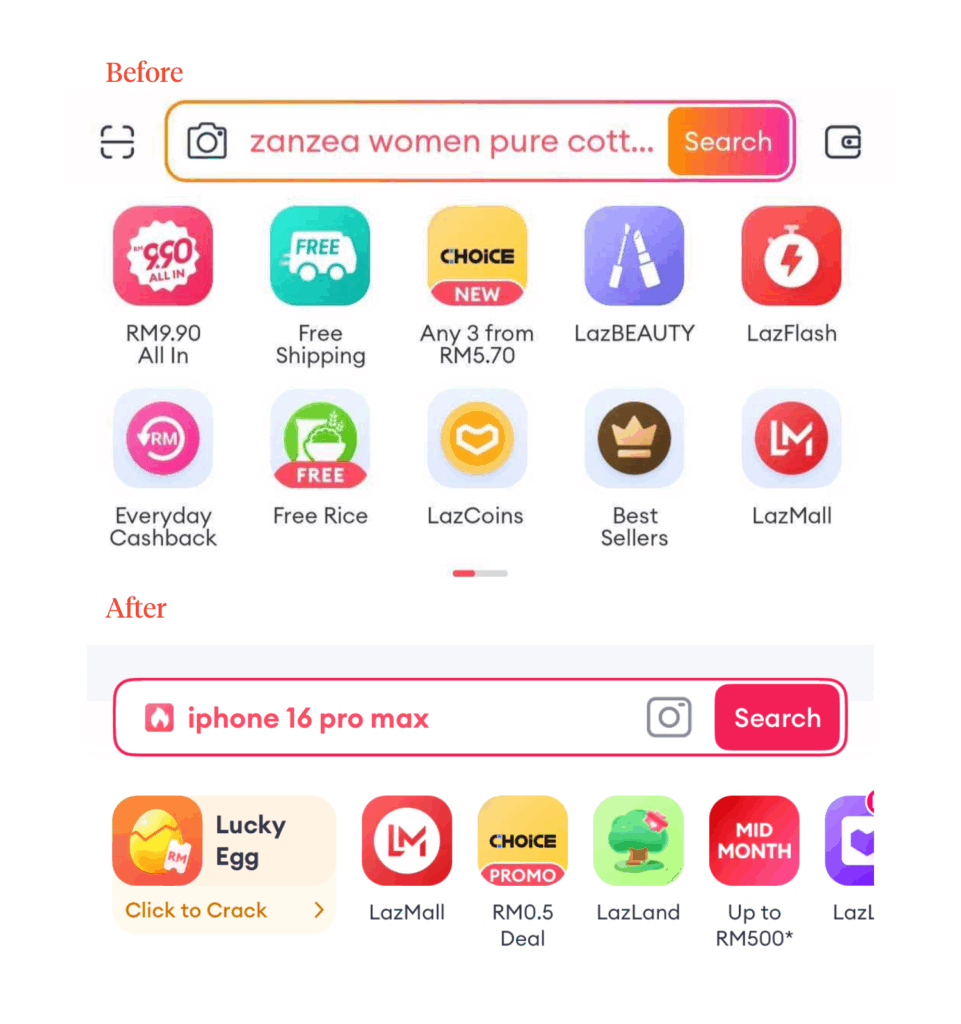 A 'before and after' comparison of the Lazada app's homepage. The 'Before' image displays multiple rows of category icons. The 'After' image shows a single, compact row of category shortcuts below the search bar.