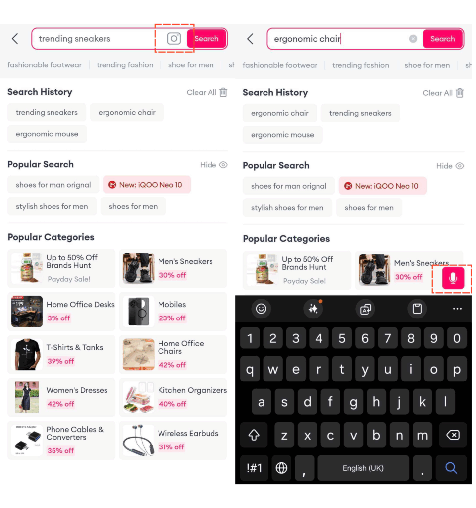 Side-by-side screenshots of the Lazada app's search screen. The left panel shows the search bar with the image search icon located at the top highlighted. The right panel shows the search bar with the voice search icon at the bottom highlighted.