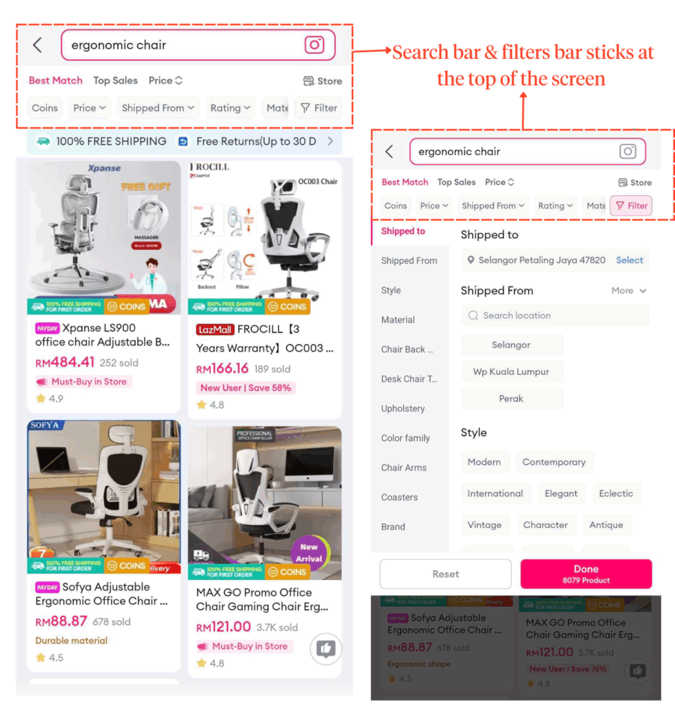 Lazada's product results page demonstrating its sticky search and filter bar. The image on the left shows the visible horizontal bar with common filters. The image on the right depicts the filter overlay that opens when the 'Filter' button is tapped; however, the search bar and the initial horizontal filter bar remain persistently visible at the top, even with the new overlay present.