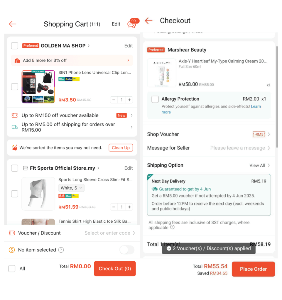 Screenshot of Shopee's Shopping Cart and Checkout pages. The cart page displays multiple items from different stores with options to apply vouchers and clean up unwanted suggestions. The checkout page shows a selected product with shop vouchers applied, allergy protection add-on, shipping options, and a highlighted 'Place Order' button.