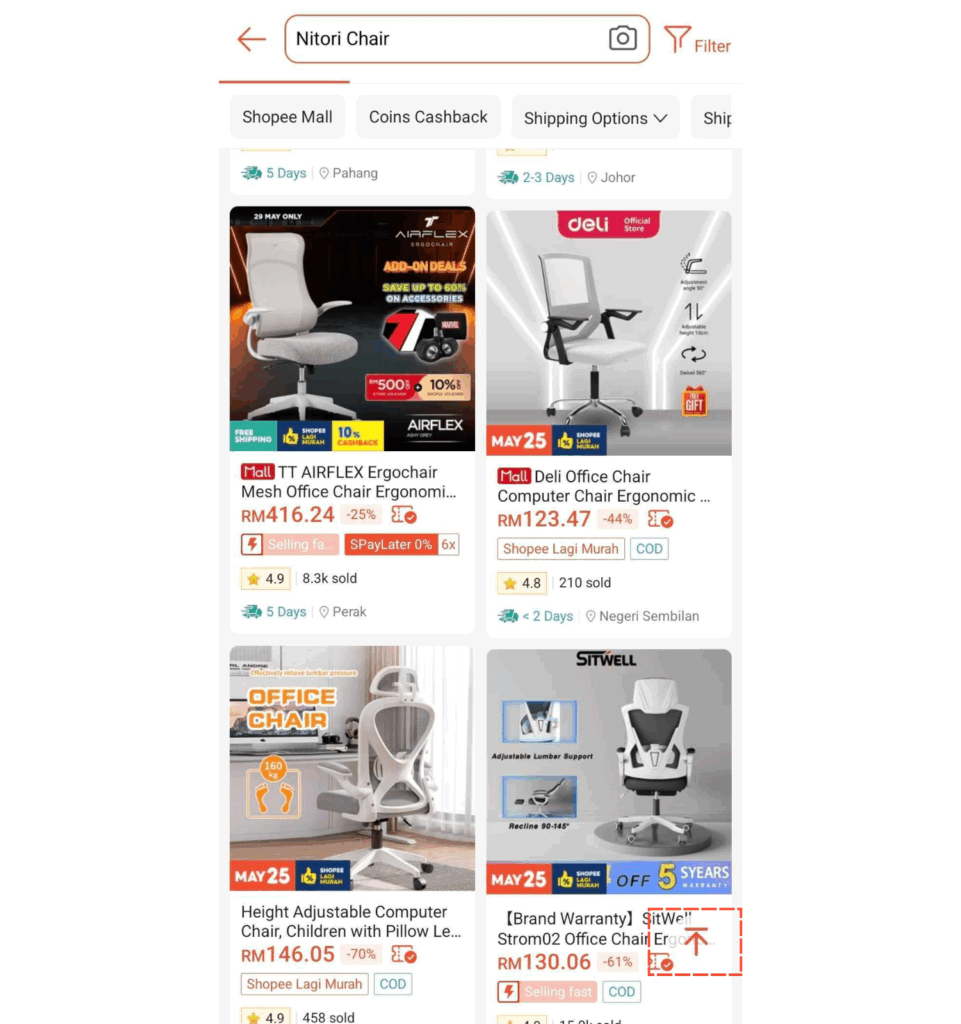 A screenshot of Shopee's product listing page for the search of "Nitori Chair." The results are shown in a grid layout with ample white space in between in each grid. The "scroll-to-top" button is highlighted.