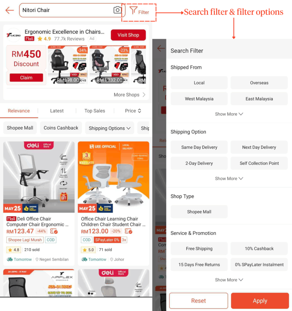 A two-panel screenshot of the Shopee app. The left panel shows search results for 'Nitori Chair' with a filter icon next to the search bar. The right panel displays the comprehensive filter overlay, featuring well-organized and evenly spaced options like 'Shipped From,' 'Shipping Option,' 'Shop Type,' and 'Service & Promotion.'