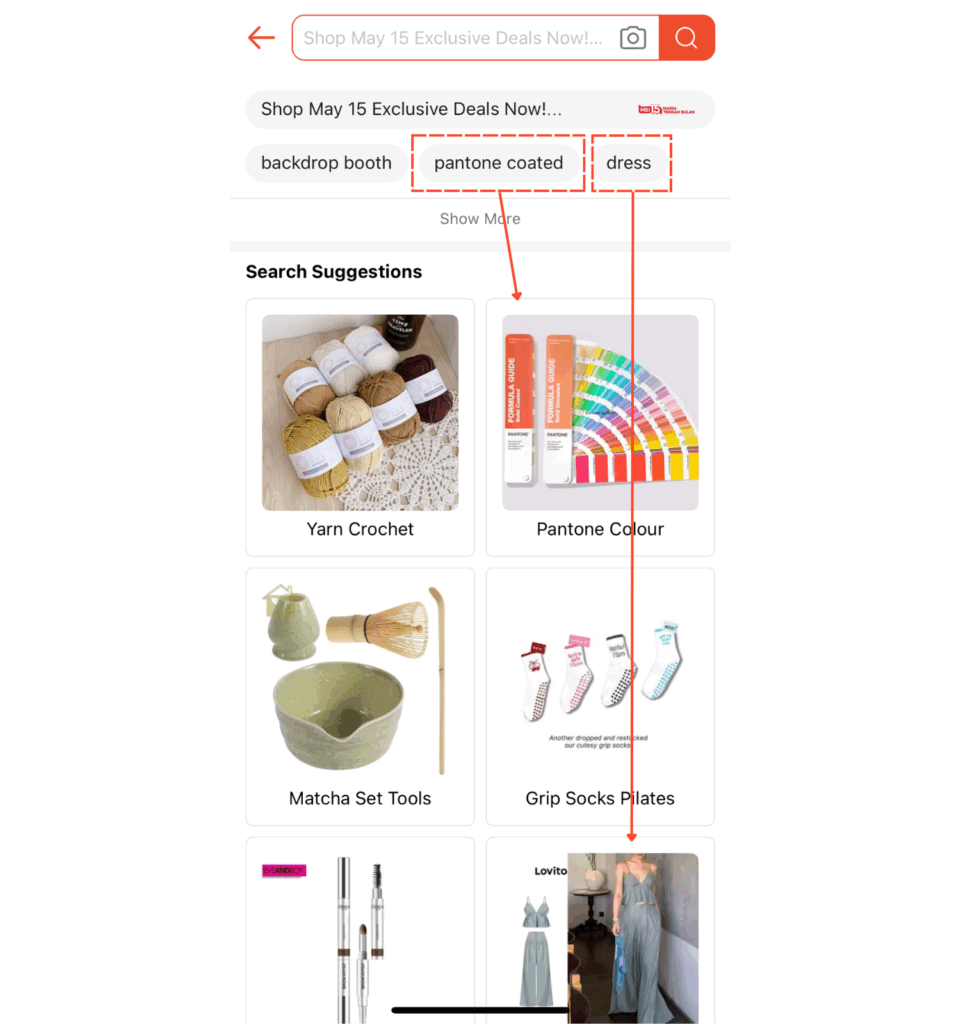 Some of the keywords from the search history bar is reflected in the search suggestions. In the example, the keywords "pantone coated" and "dress" shows up as "pantone color" and "blue dress" in the search suggestion.
