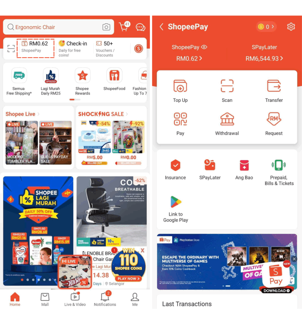 Shopee's homepage with ShopeePay prominently displayed at the top, and a subsequent image of the ShopeePay wallet interface with consistent orange branding and clear icons.