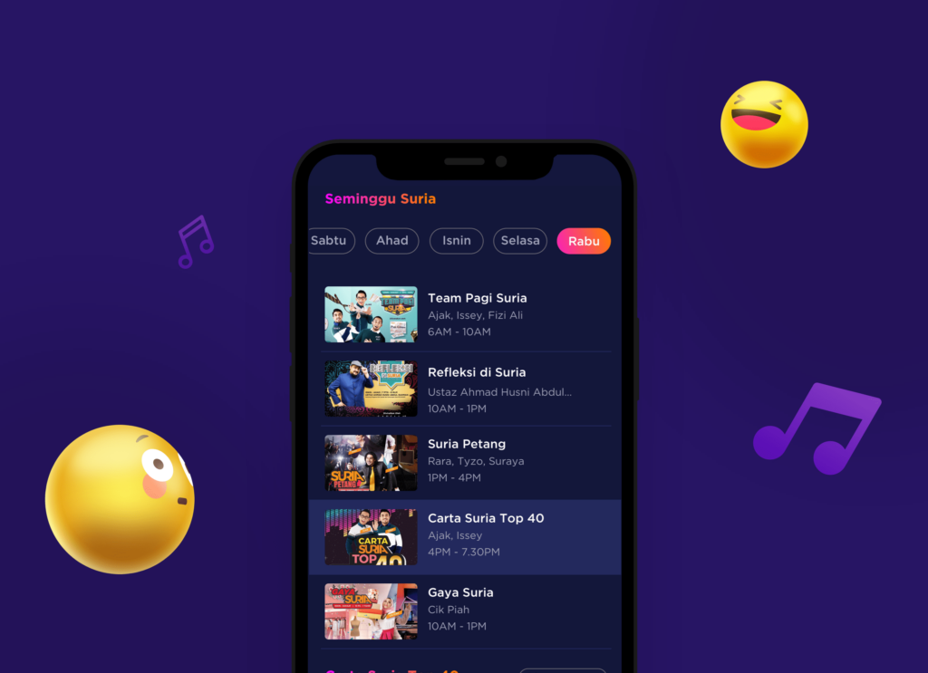 Suria FM app content page where user can enjoy content with easy to browse features 