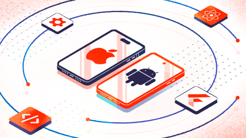Decorative image of phones with the Apple and Android logos